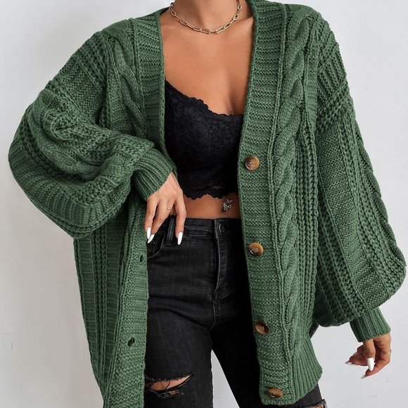 Olive Green Casual Womens Solid Button Front Cable Knit Cardigan - Picture 1 of 5